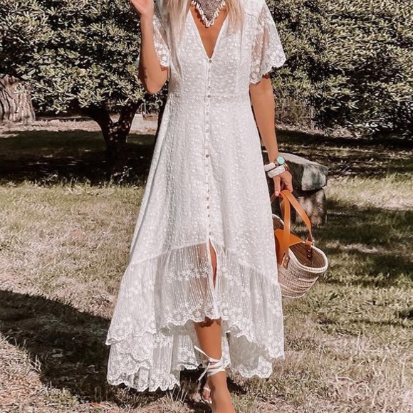 Bohemian White Embroidered Floral Button up Mesh Ruffle Hem Oversized Dress - Picture 4 of 6